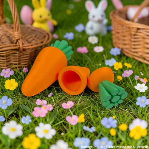 3D-gedruckte Karotten-Geschenkbox in Orange mit grünem Deckel, geöffnet und geschlossen dargestellt