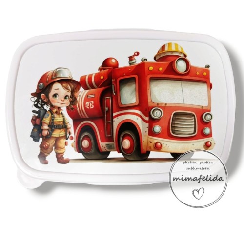 Jausenbox mit einem Feuerwehr Mädchen mit Auto bedruckt