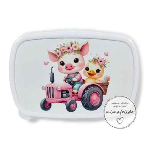 Jausenbox mit einem Traktor rosa mit Schwein und Küken bedruckt