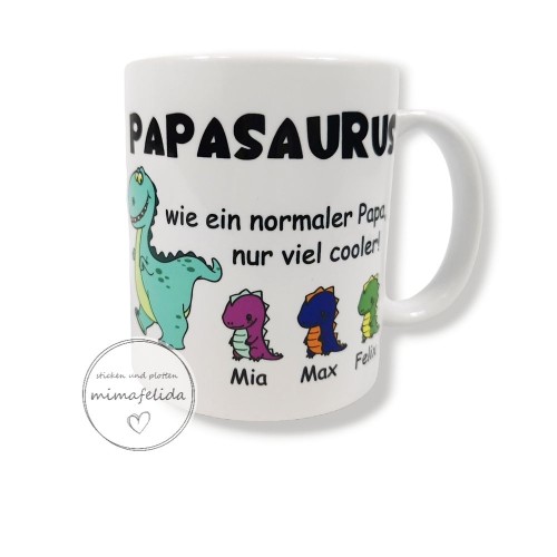Kaffeetasse mit einem Dino Papa mit seinen Kindern mit Namen personalisiert