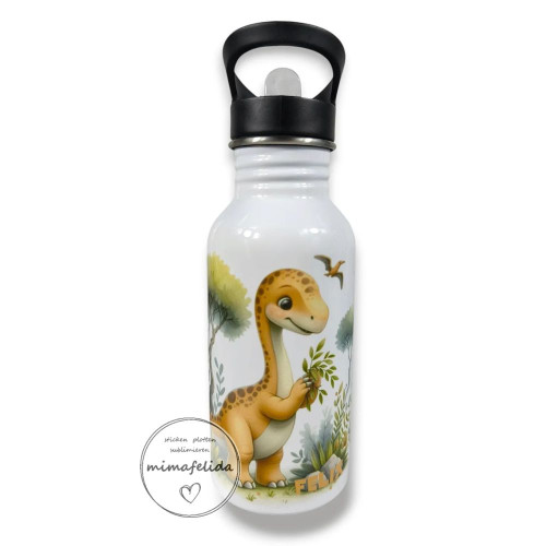 Edelstahltrinkflasche mit einem Dinosaurier und Name personalisiert