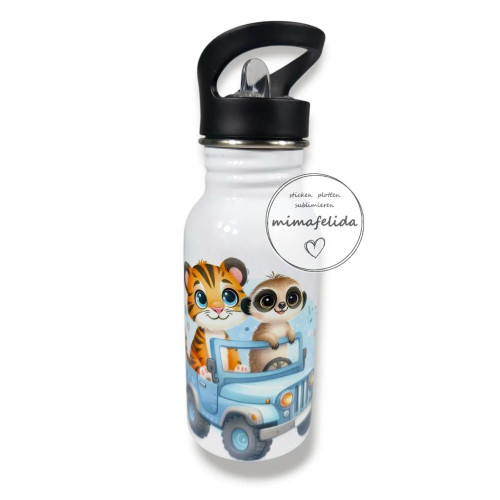 Edelstahltrinkflasche blau Safari mit Tiger und Erdmännchen bedruckt