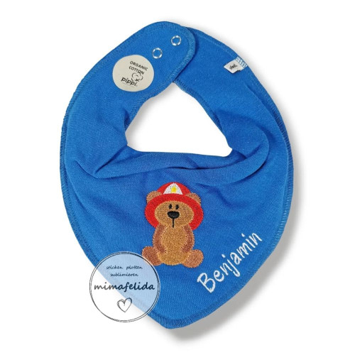 Halstuch mit einem Bär mit Feuerwehrhelm und Name personalisiert