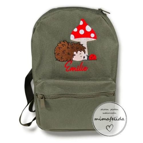 Kinderrucksack mit einem Igel mit Pilz und Name personalisiert