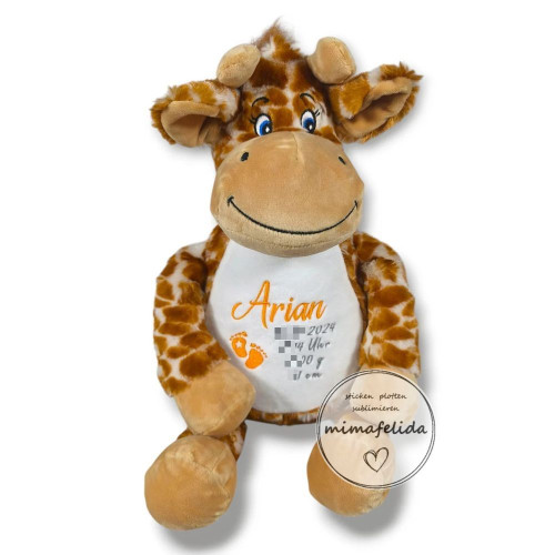 Kuscheltier Giraffe mit Geburtsdaten personalisiert