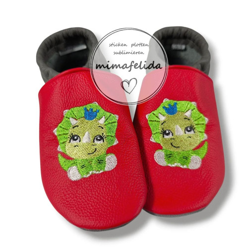 Lederpatschen mit einem Dino-Triceratops bestickt