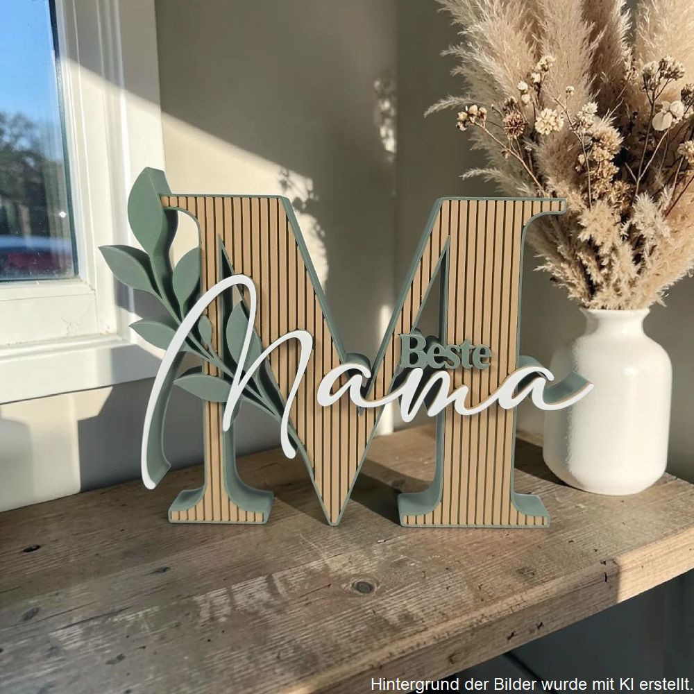 Dekorativer 3D-Schriftzug „Beste Mama“ mit großem Buchstaben M und floralen Elementen, freistehend