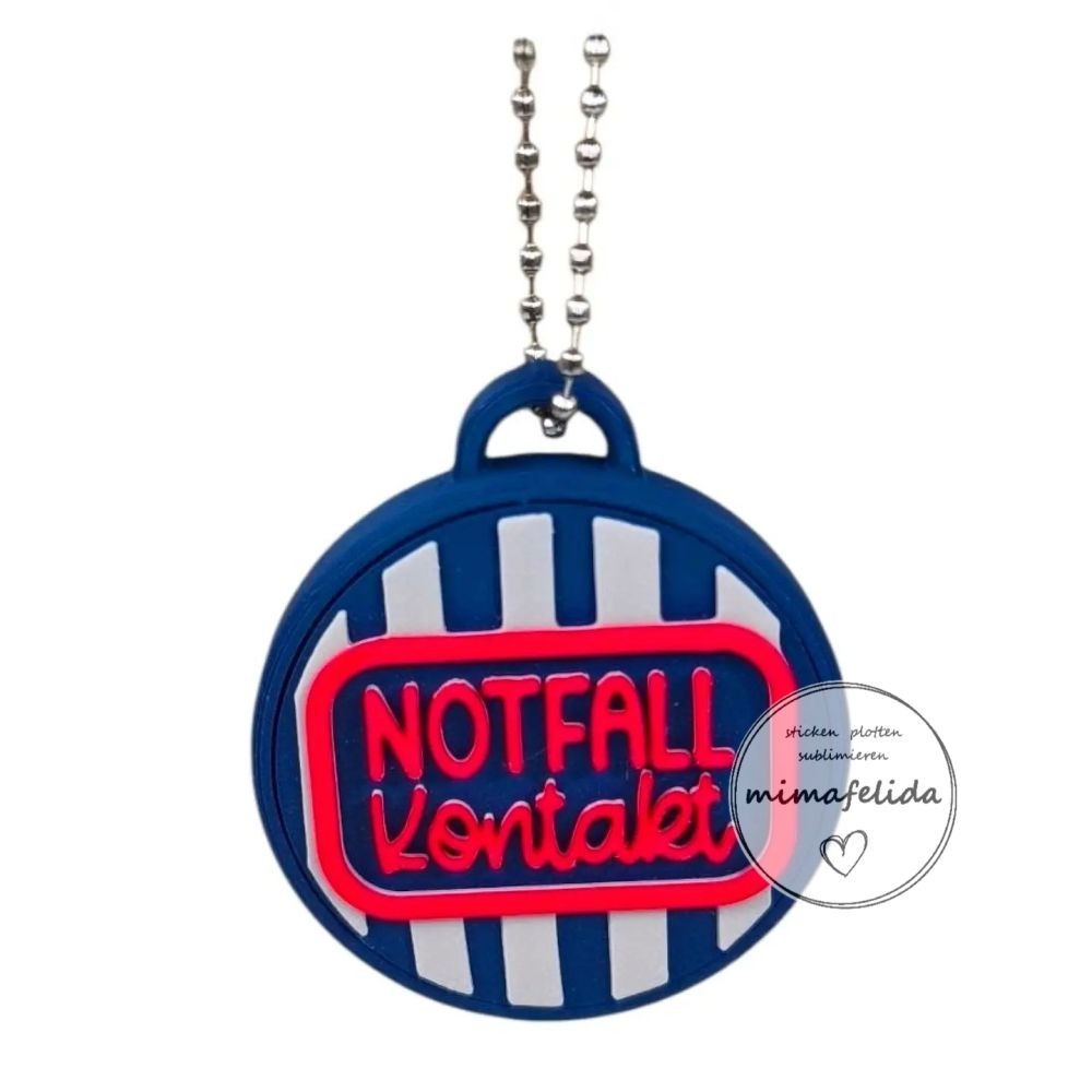 NFC Notfallkontakt Anhänger in Blau mit rotem Schriftzug „Notfall Kontakt“ und Metallkette – personalisierbarer Anhänger für Kinder und Erwachsene.