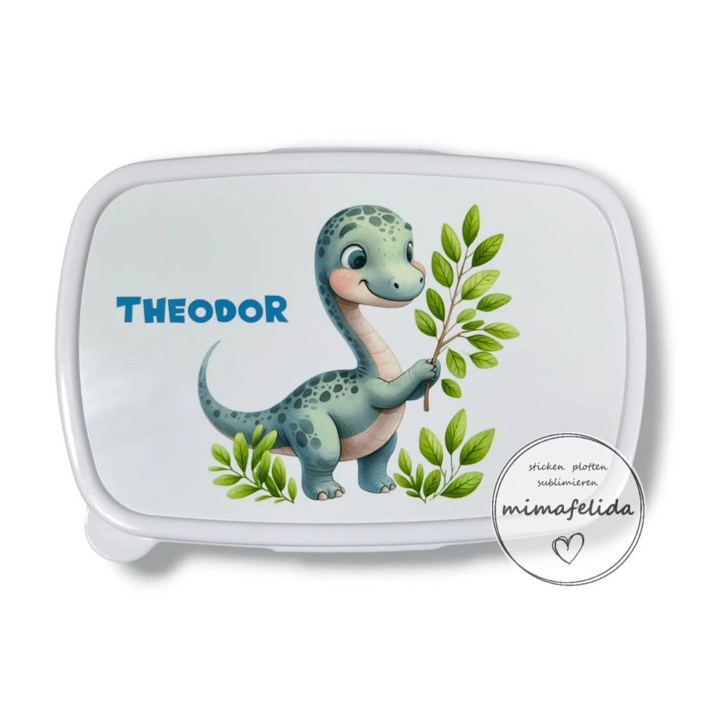 Jausenbox mit einem Dinosaurier und Name personalisiert
