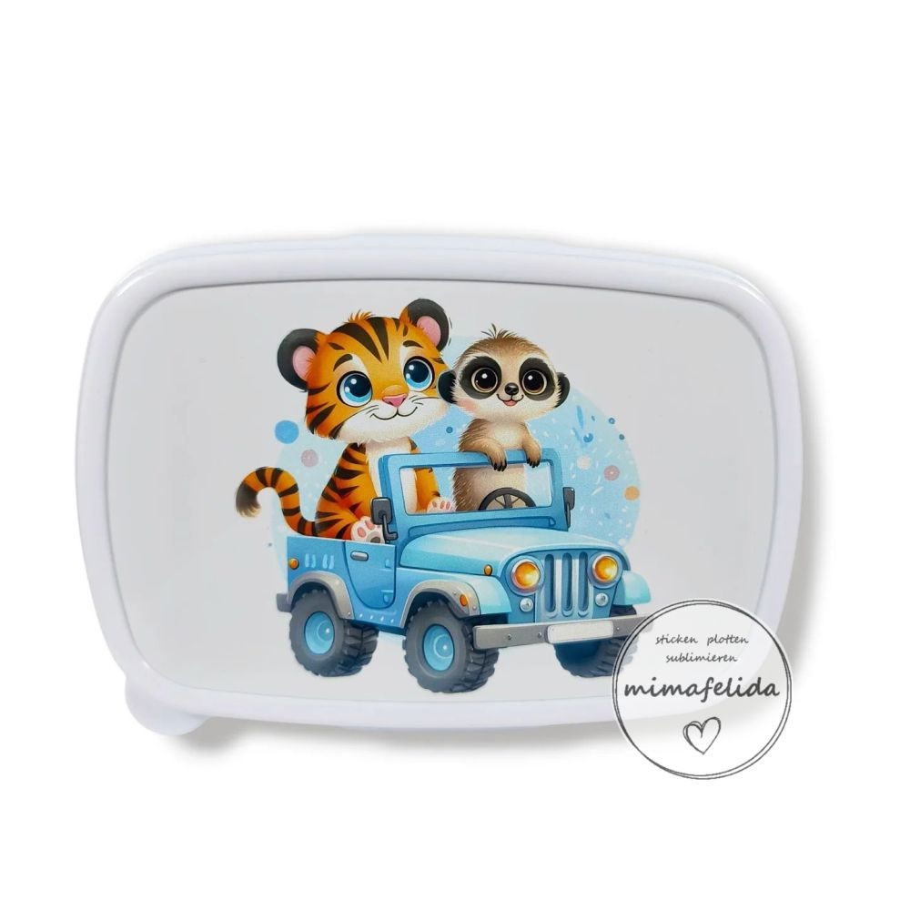 Jausenbox blau Safari mit Tiger und Erdmännchen bedruckt