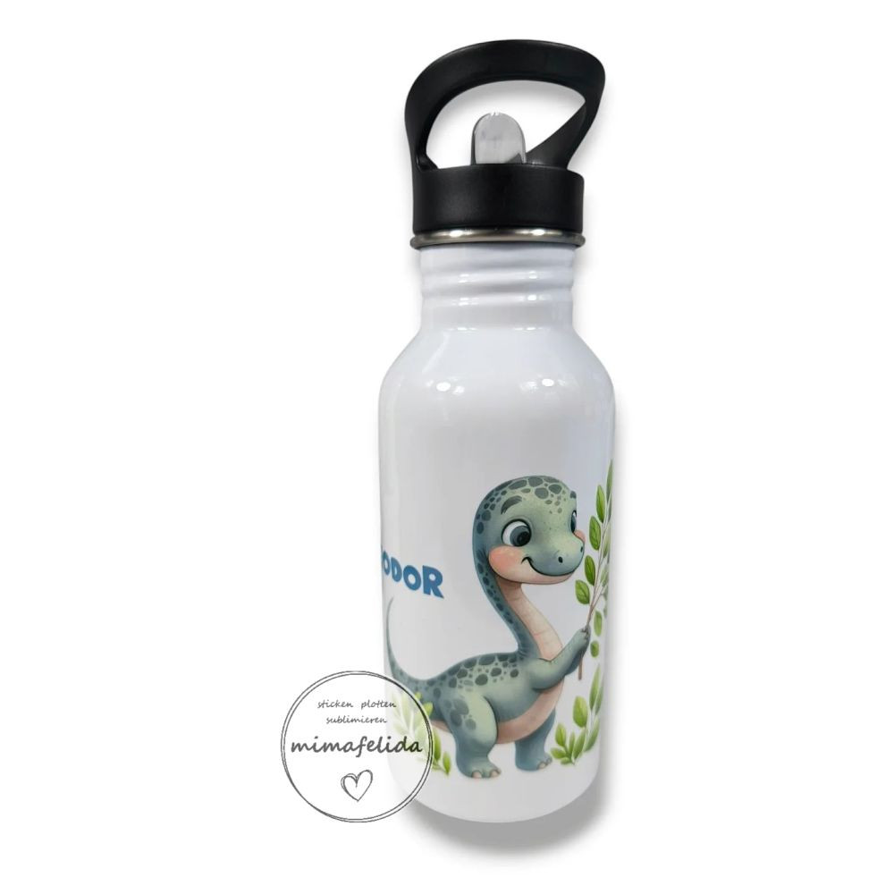 Edelstahltrinkflasche mit einem Dinosaurier und Name personalisiert