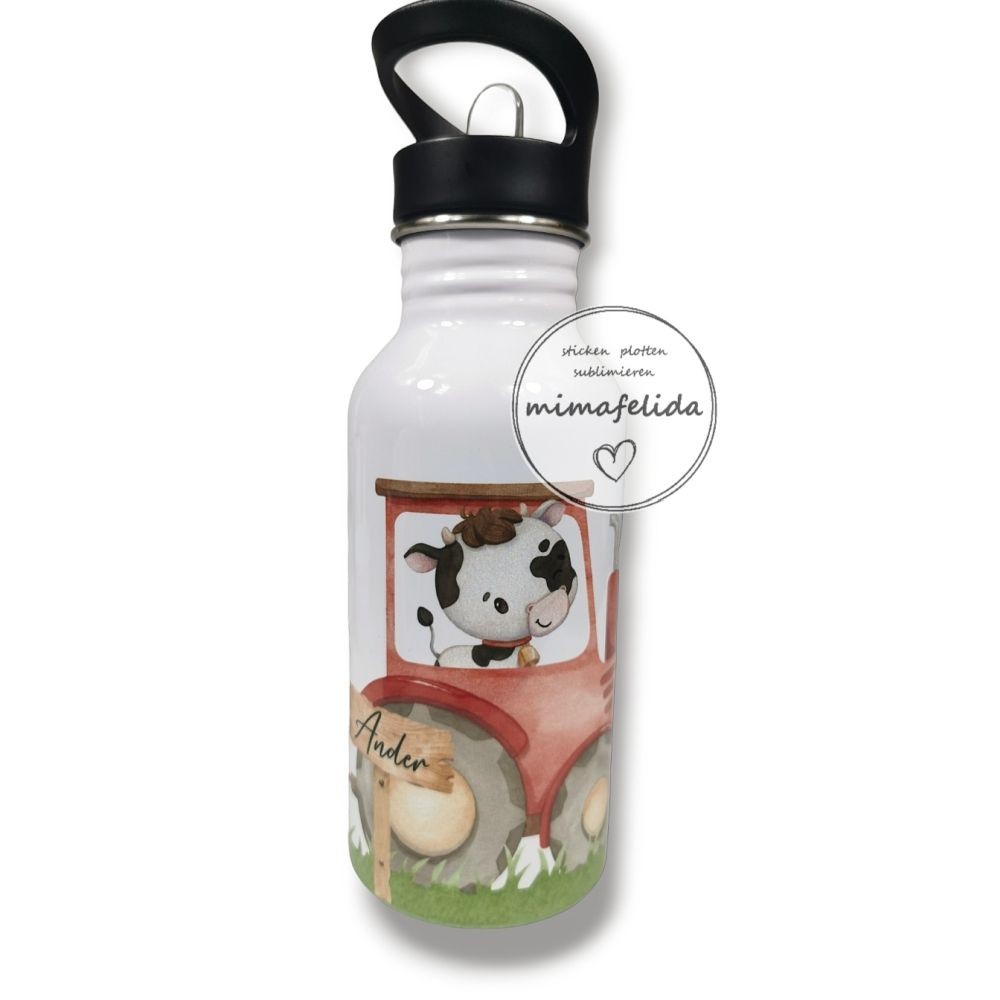 Edelstahltrinkflasche mit einem Traktor mit Tieren mit Name personalisiert