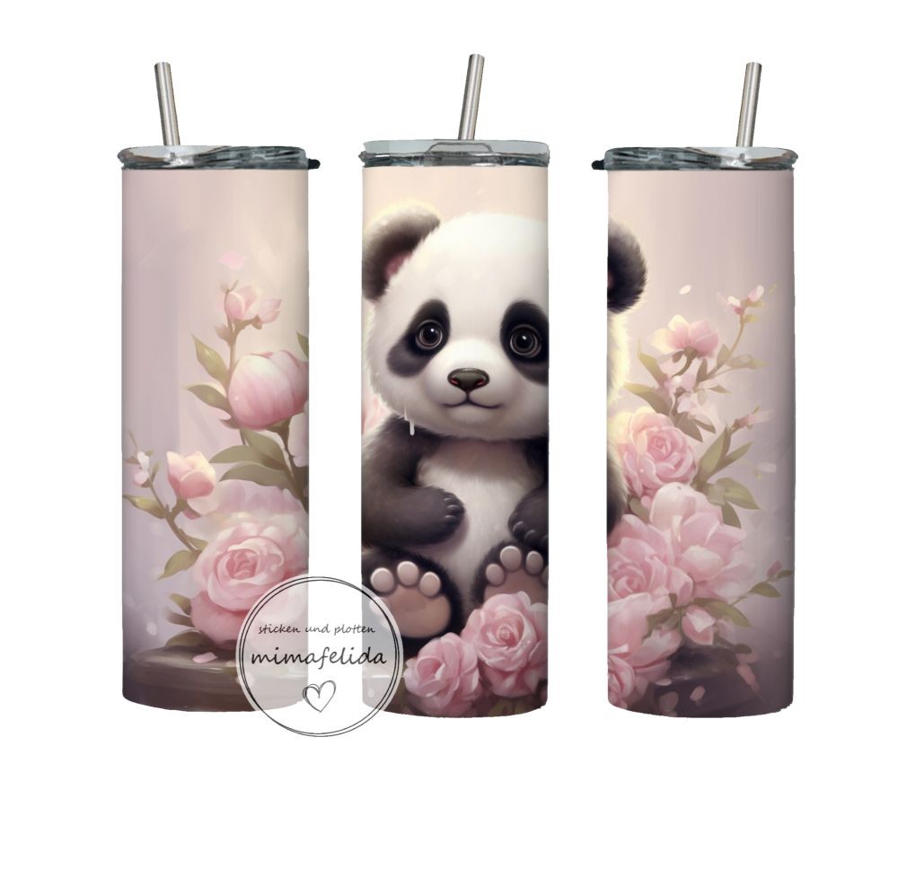 Thermobecher mit Panda und Rosen bedruckt