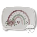 Jausenbox mit einem Regenboben mit Blumen bedruckt, personalisierbar