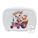Jausenbox mit einem Traktor rosa mit Schwein und Küken bedruckt